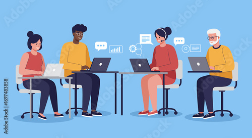 Diverse group of professionals collaborating on laptops in a modern workspace with digital graphics