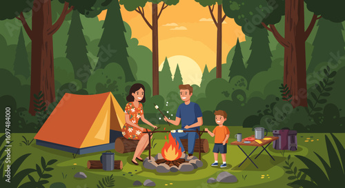 Family camping by a warm campfire in the forest at sunset, enjoying marshmallows and nature