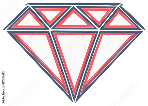 Abstract Diamond Shape with Geometric Facets in Red and Blue