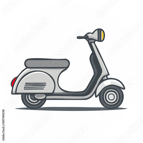 Isolated illustration of a vintage style scooter side view with a grey body and classic design elements
