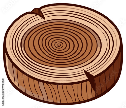 Graphic illustration of a tree trunk slice exhibiting growth rings, wood grain patterns, and bark details, ideal for educational diagrams