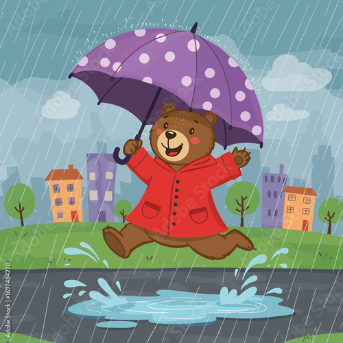 Happy bear in a red raincoat jumps in puddles under a purple polka dot umbrella in a rainy city