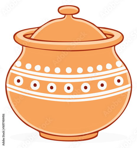 Cartoon style earthen pot with lid and decorative pattern