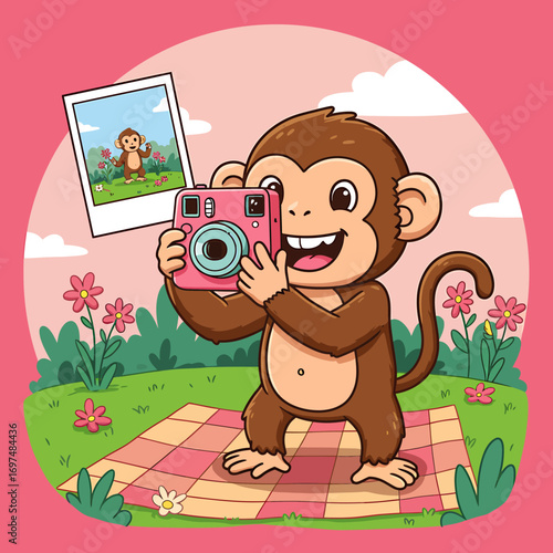 Happy monkey taking a photo in a colorful garden with flowers, surrounded by playful scenery