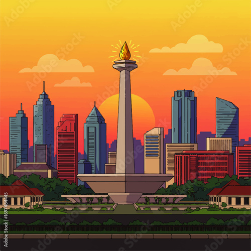 Illustration of Jakarta's skyline at sunset, featuring the Monas monument in the foreground, with skyscrapers and warm colors.