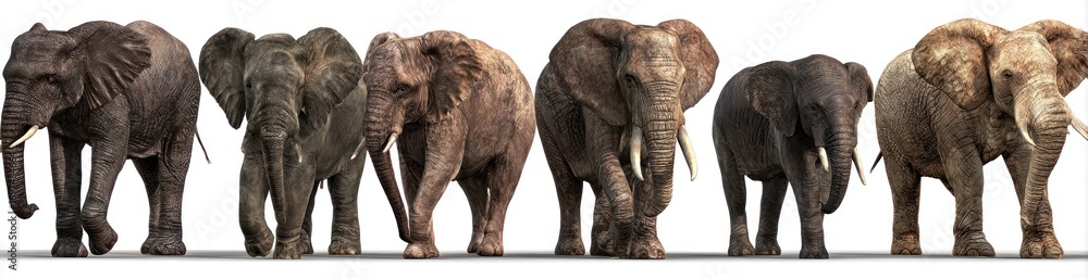 Obraz premium Group of seven elephants, diverse in size and color, stand side by side against a bright, neutral backdrop