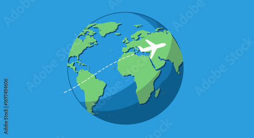 Illustration of a globe with an airplane flying over Europe, representing global travel and connectivity