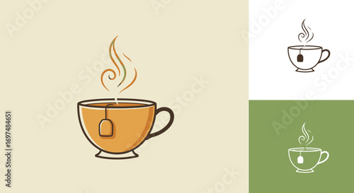 Illustration of a steaming cup of tea with a teabag, set against a minimalist background