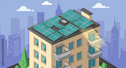 Modern building with solar panels on the roof, surrounded by city skyline and greenery below