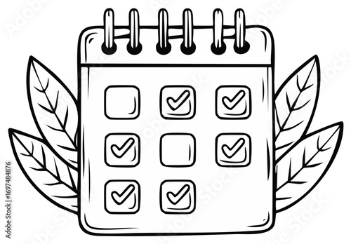 Checklist Calendar and Foliage Hand Drawn Style Schedule with Tick Marks and Empty Boxes