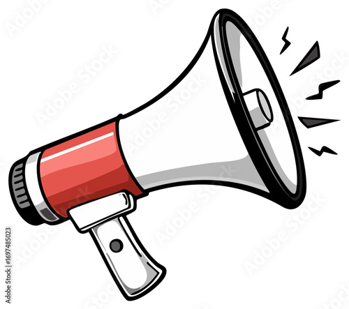 Illustration of a red and white megaphone spreading sound with lightning bolts in a loud manner