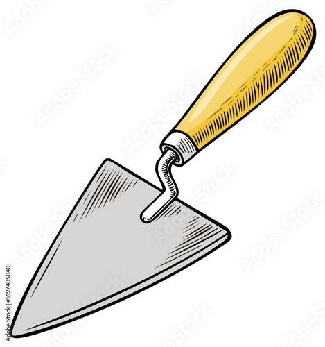 Hand drawn illustration of a construction trowel with yellow wooden handle