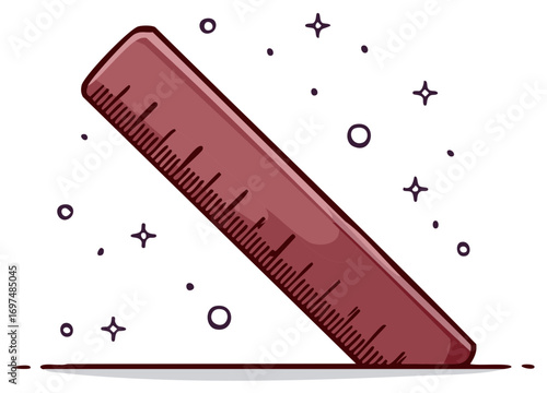 Maroon Ruler Measuring Tool Isolated with Sparkles and Circles, Educational, Crafting, School, Drawing