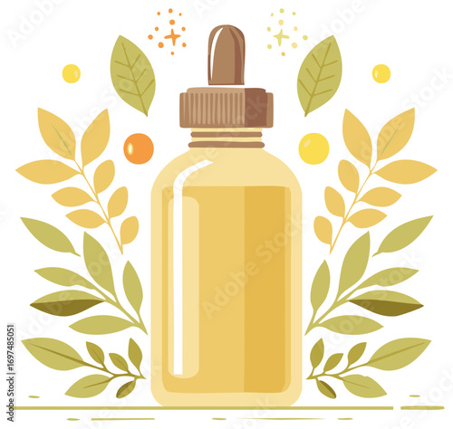 Illustrative aromatherapy serum bottle surrounded by botanical leaves and dots creates a natural essence for beauty and wellness