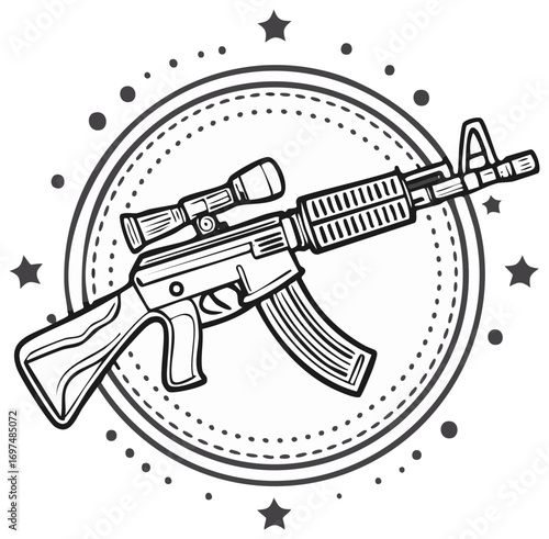 Monochrome illustration of a rifle with scope inside a circle with decorative dots and stars