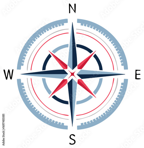 Decorative compass rose icon showing cardinal directions for global navigation and travel illustration