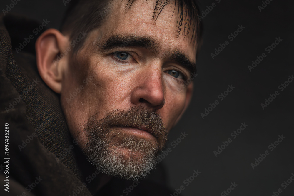 Fototapeta premium closeup portrait of american homeless man exaggerated intense emotion