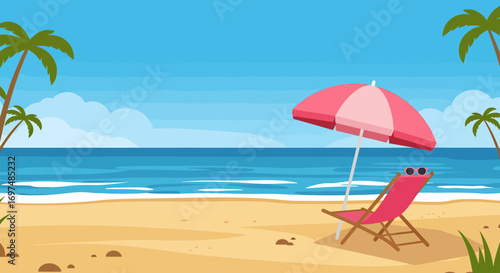 Relaxing beach scene with a pink umbrella and chair under palm trees, calm ocean waves in the background
