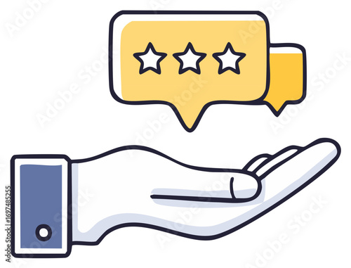 Illustration of a hand presenting three stars, indicating excellent feedback