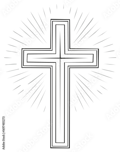 Religious cross with radiating light beams symbolizes faith and spirituality in a simple graphic design