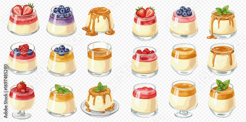 An illustrated set of delicious panna cotta desserts with assorted toppings like caramel, strawberry, and blueberry.