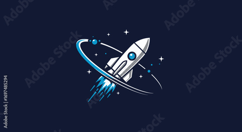 Rocket launching into space with stars and planets in the background, symbolizing exploration
