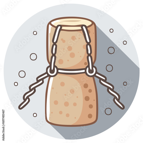 Cartoon champagne cork with wire cage and small bubbles in flat design style illustration