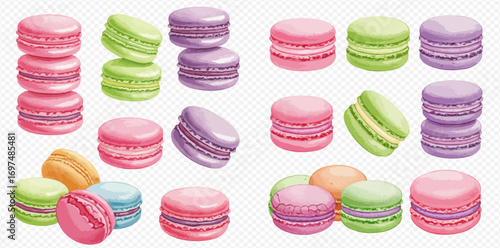 A delightful collection of colorful French macaron pastries in various pastel shades, shown individually and in stacks.
