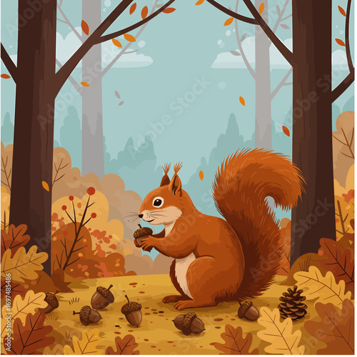 Squirrel gathering acorns in a vibrant autumn forest surrounded by colorful leaves and trees