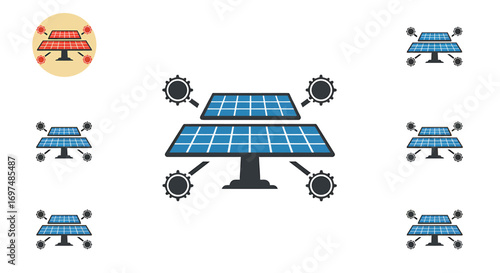 Solar panels with gears symbolizing energy conversion, surrounded by floral elements, representing sustainability