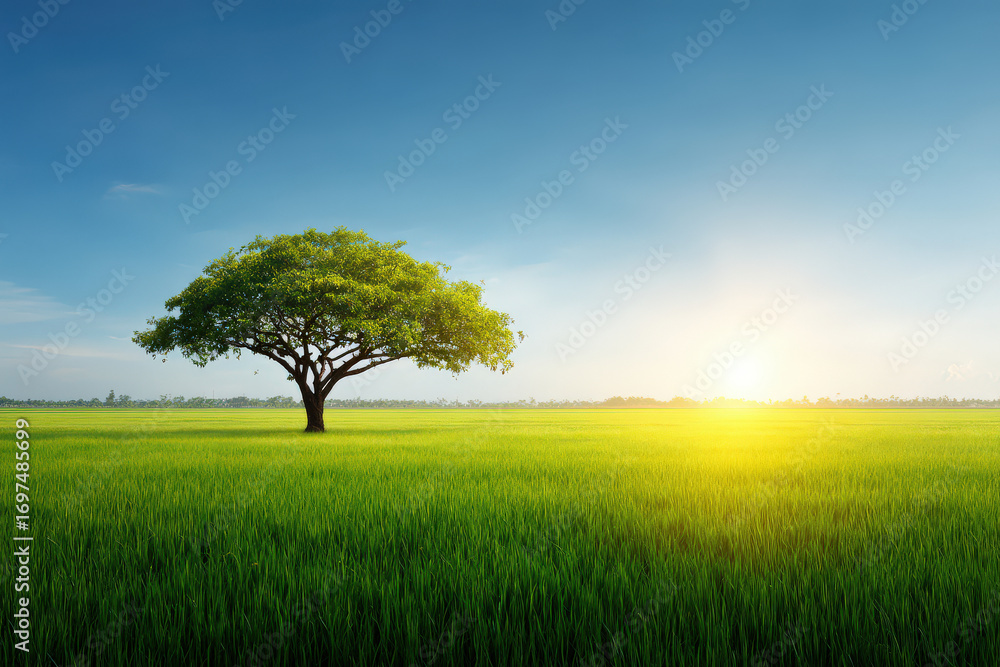 Obraz premium stunning summer landscape featuring solitary tree standing gracefully on lush green meadow in different
