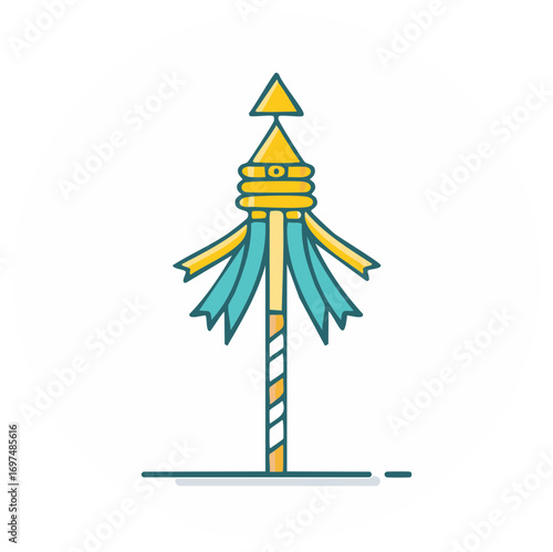 Decorative Maypole with colorful ribbons and striped pole adorned with a golden triangle
