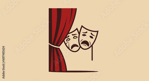 Theatrical Masks Behind a Red Curtain Representing Drama and Emotion in a Performance Setting