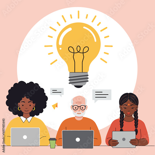 Three diverse individuals brainstorming ideas with laptops, surrounded by light bulb and chat bubbles