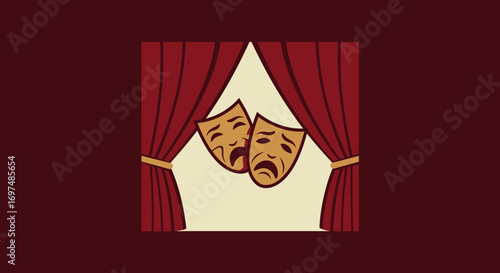Theatrical masks symbolizing comedy and tragedy, framed by red velvet curtains in a performance setting