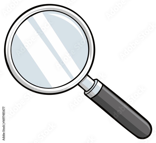 Cartoon magnifying glass, transparent lens and black handle, concept of research