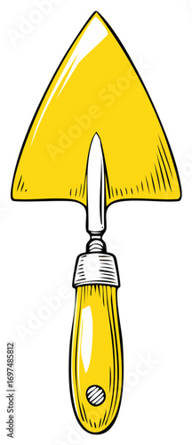 Hand drawn illustration of a yellow garden trowel, gardening tool, isolated on white background.