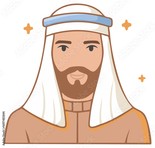 Portrait illustration of a smiling man with a beard in traditional Middle Eastern attire
