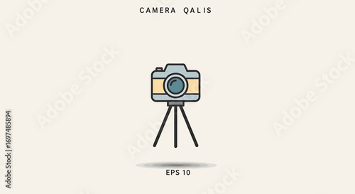 Vintage camera illustration on a neutral background, showcasing a sleek design and tripod setup