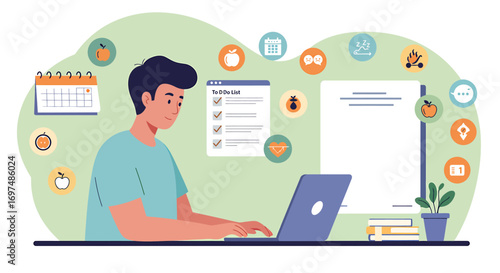 Young man working on a laptop at home, surrounded by productivity icons and a calendar, focused on tasks