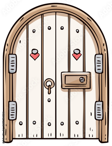 Fantasy Arched Wooden Door with Heart Accents Cartoon Illustration