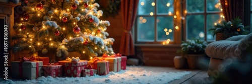 A cozy scene of vintage Christmas decorations, twinkling lights illuminating a snow-covered evergreen tree and presents beneath, evoking a nostalgic holiday atmosphere , evergreen, cozy