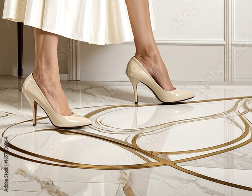 Woman's legs in beige heels on a marble floor