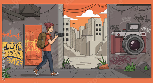 Young photographer exploring an urban landscape with graffiti and a large camera mural in the background