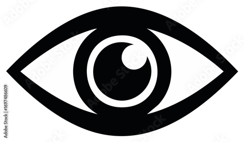Stylized eye icon illustration, minimal design, black shape and white fill, ophthalmology concept, vision or sight.