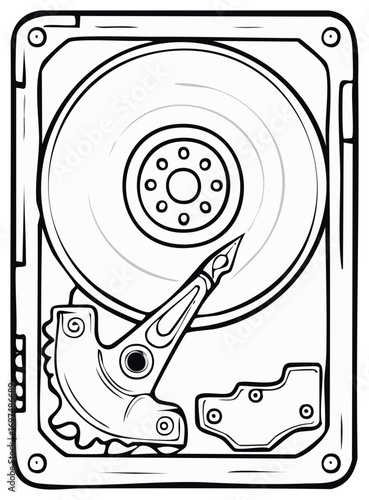 Black and white line art illustration of an open hard disk drive for data storage and technology concepts