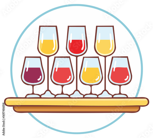 Collection of seven colorful wine glasses arranged on a wooden tray inside a blue circle