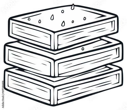 Stack of three layered sandwiches with visible filling and crust details in black and white line art