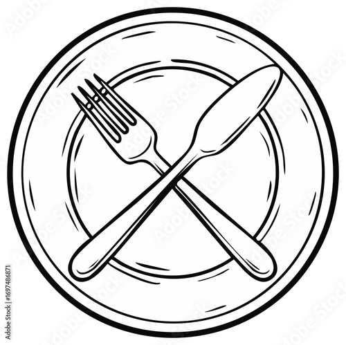 Stylized Line Art of a Plate with Knife and Fork Crossed Over It, Cutlery Restaurant Icon Illustration