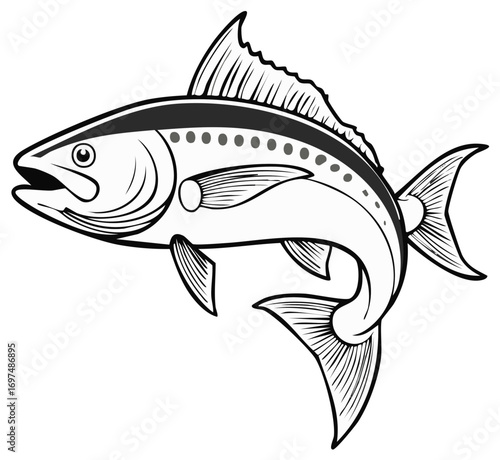Dynamic black and white illustration of a swimming game fish like a tuna or mackerel in a bold graphic style